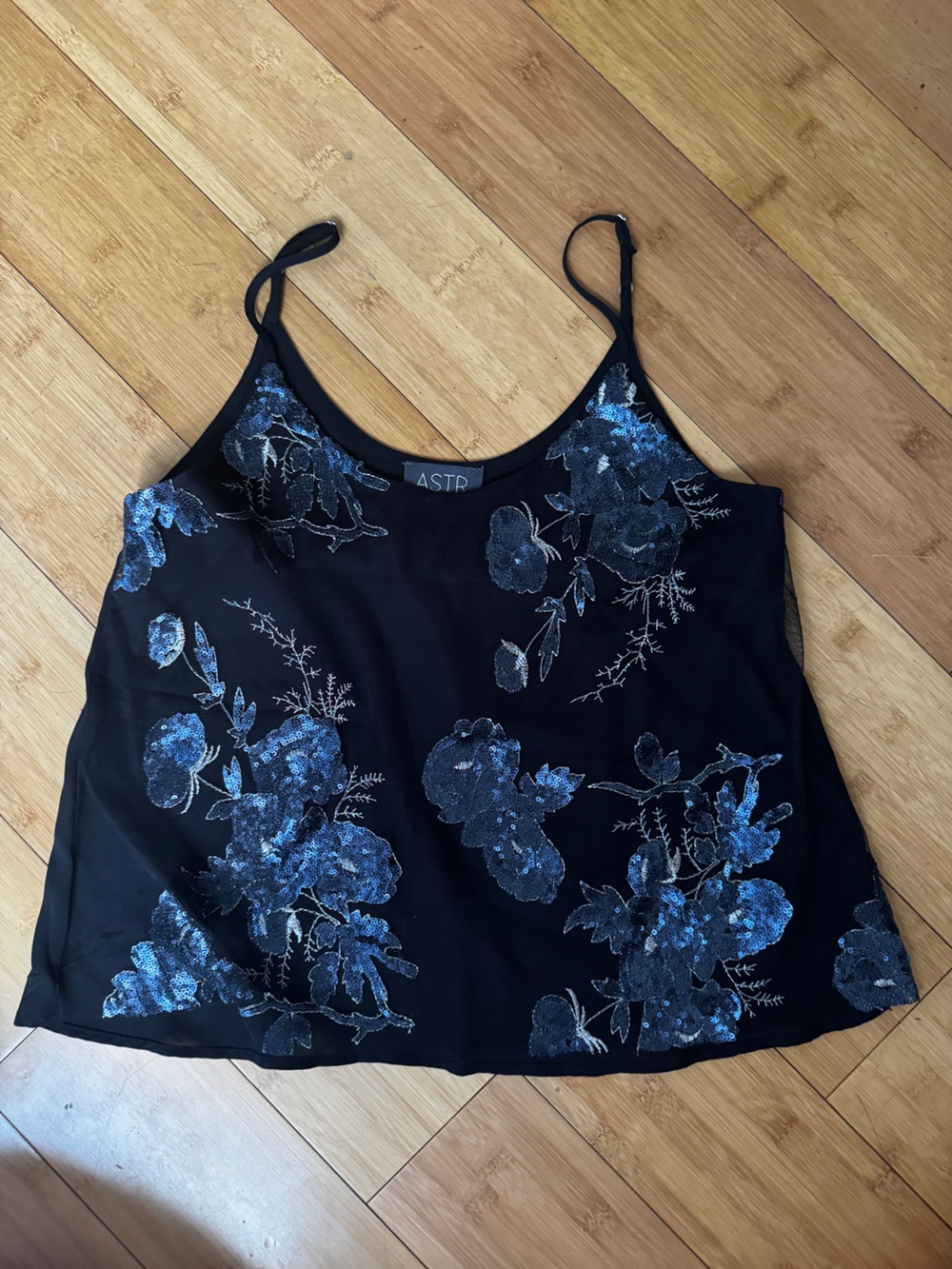 Astr Black Tank with Blue Sequin Floral Appliqué - Small